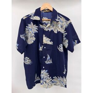 Han Ton Hawaiian  Button Down Shirt‎ M Navy Blue Tropical Coastal Beachy